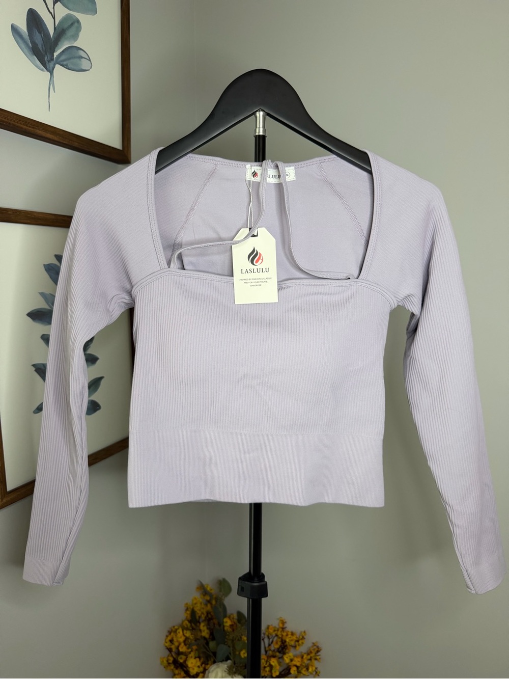 LASLULU Lavender Ribbed Long-Sleeve Square-Neck Crop Top